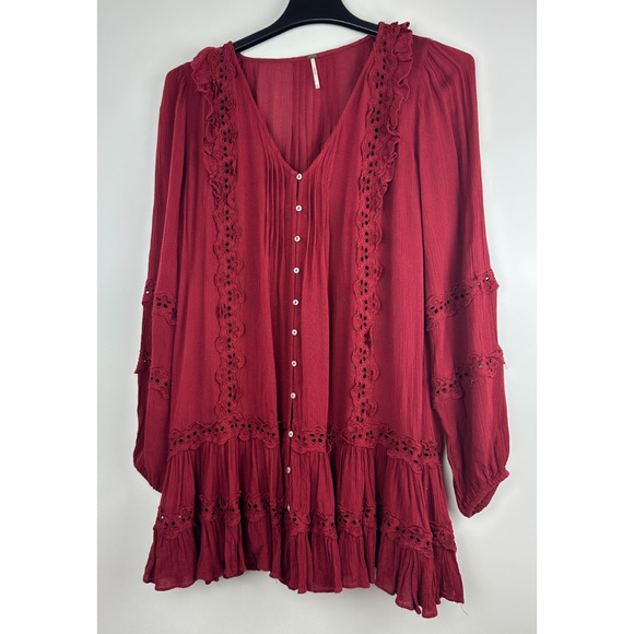 Free People Snow Angel Mini Dress XS Burgundy Feminine Boho Romantic Ethereal - Picture 2 of 15